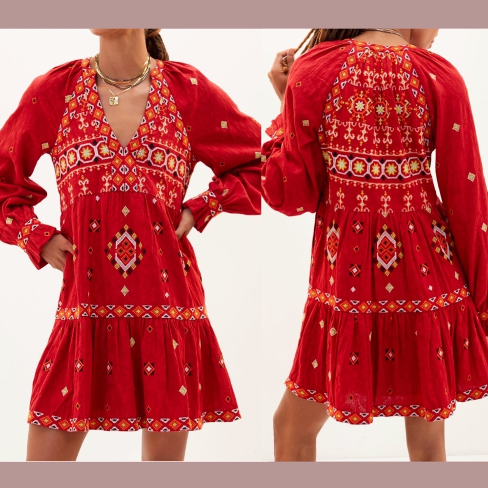 NWT $180 by Anthropologie [ Petite XXS/P‎ ] Embroidered Tunic Dress In Red